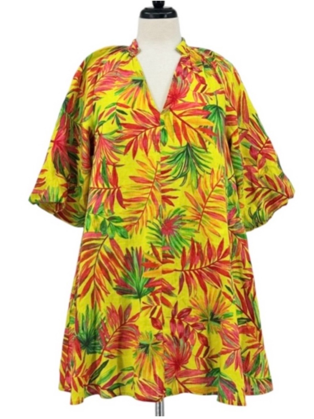 Magaschoni Linen Puff Sleeve Multi-Color Tropical Print Dress with Pockets